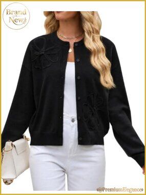 Wool Cardigan Sweater 3D Floral Button Down Knit Women
